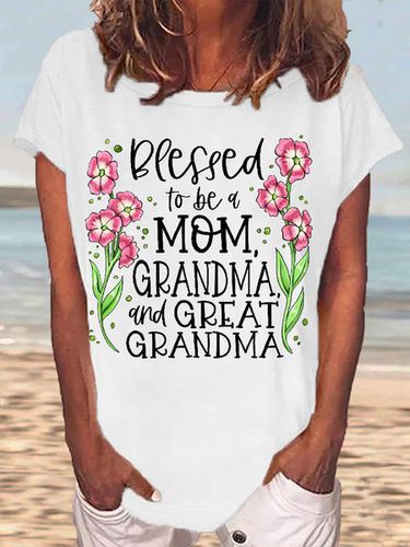 Women's Blessed to Be a Mom Grandma and Great Grandma Casual Crew Neck Letters T-Shirt - Modetalente - Modalova