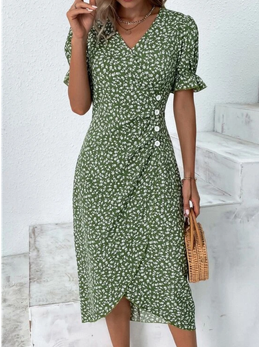 Vacation Floral V Neck Dress - Just Fashion Now - Modalova