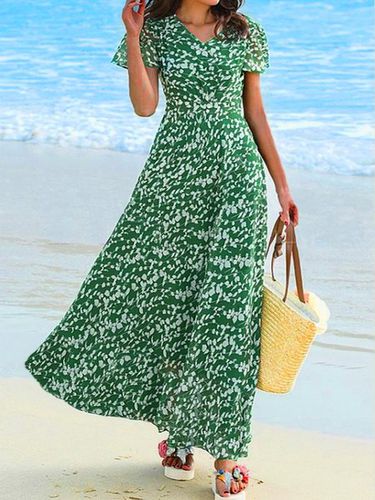 Disty Floral Short Sleeve V Neck Vacation Long Dress - Modetalente - Modalova