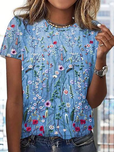 Jersey Floral Printed Casual Crew Neck T-Shirt - Modetalente - Modalova