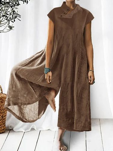 Women's Solid Color Half High Neck Cotton Linen Jumpsuit - Just Fashion Now - Modalova