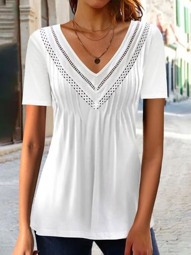 Plain Casual V Neck Jersey Patchwork Lace Tunic Blouses - Modetalente - Modalova