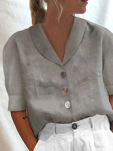 Loose Shawl Collar Color Block Linen Blouse - Just Fashion Now - Modalova