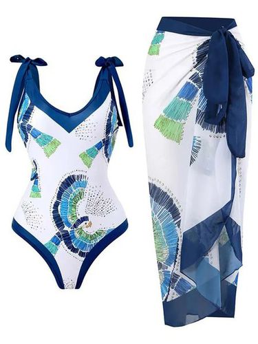 Abstract Printing Vacation V Neck One Piece With Cover Up - Just Fashion Now - Modalova