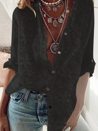 Women's Lace Stitching Cotton Linen Long Sleeve Shirt - Just Fashion Now - Modalova