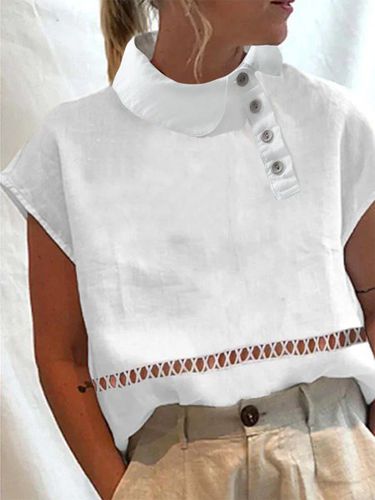Plain Hollow Out Lace Short Sleeve Buckle Shawl Collar Casual Shirt - Modetalente - Modalova