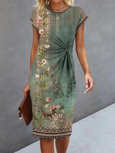 Vintage Crew Neck Floral Pattern Dress - Just Fashion Now - Modalova