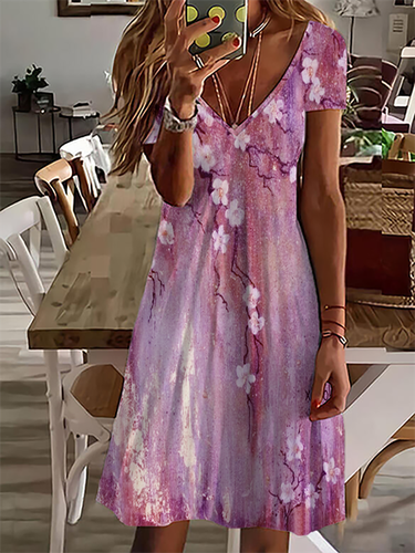 Floral Casual V Neck Short Sleeve Dress - Modetalente - Modalova