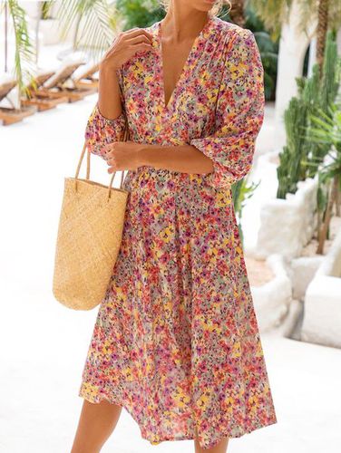 Disty Floral V Neck Loose Vacation Dress - Modetalente - Modalova