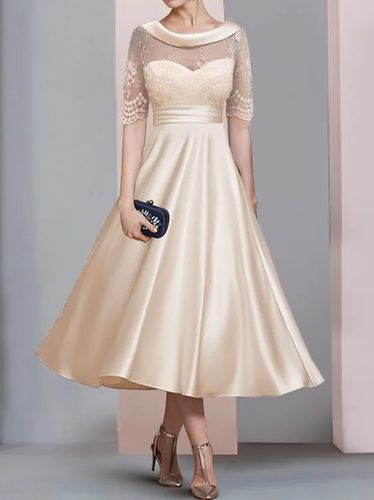 Boat Neck Satin Lace Elegant Dress - Just Fashion Now - Modalova