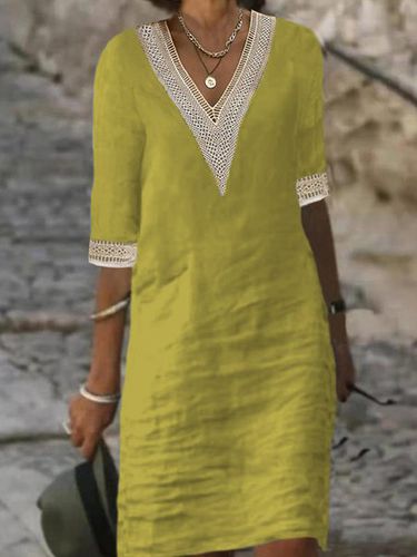 Plain Casual V Neck Cotton Dress - Just Fashion Now - Modalova
