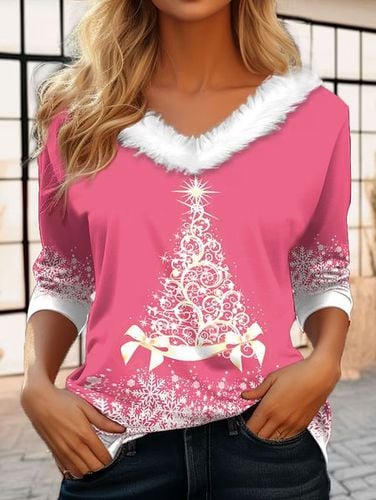 Casual Fur Collar Christmas Tree T-Shirt - Just Fashion Now - Modalova