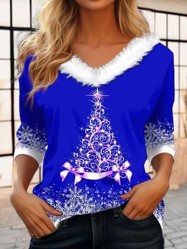 Casual Fur Collar Christmas Tree T-Shirt - Just Fashion Now - Modalova