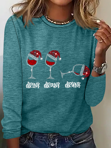 Women's Funny Christmas Drink Drank Drunk Red Wine Glass Casual Crew Neck Regular Fit Shirt - Modetalente - Modalova