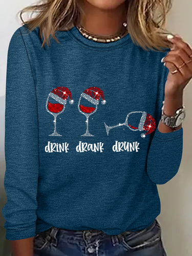 Women's Funny Christmas Drink Drank Drunk Red Wine Glass Casual Crew Neck Regular Fit Shirt - Modetalente - Modalova