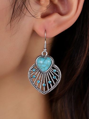 Retro Heart-shaped Turquoise Rhinestone Hollow Out Dangle Earrings - Just Fashion Now - Modalova