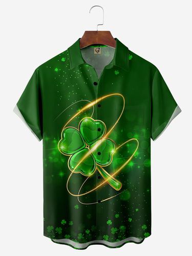 St. Patrick's Day Golden Four Leaf Clover Chest Pocket Short Sleeve Shirt - Modetalente - Modalova
