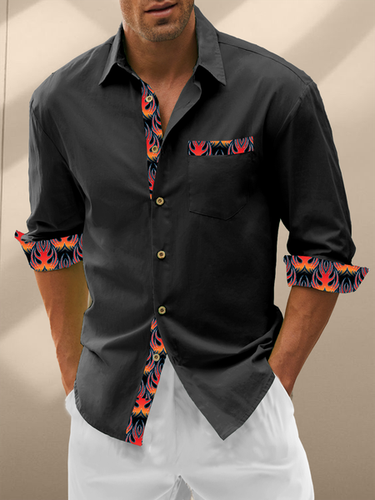 Cotton Patchwork Flame Print Chest Pocket Long Sleeved Shirt - Modetalente - Modalova