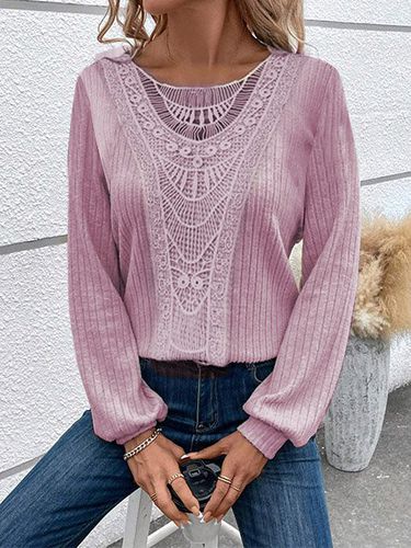 Lace Crochet Design Daily Plain Casual Crew Neck Loose H-Line Long Sleeve T-Shirt - Just Fashion Now - Modalova