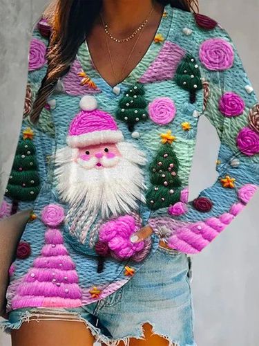 V Neck Loose Casual Christmas T-Shirt - Just Fashion Now - Modalova
