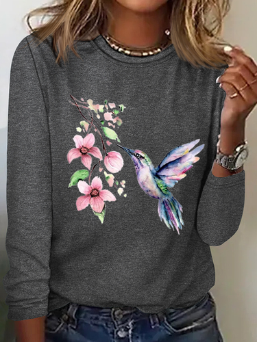 Women's Hummingbird Watercolor Nature Bird Lover Crew Neck Cotton-Blend Casual Long Sleeve Shirt - Modetalente - Modalova
