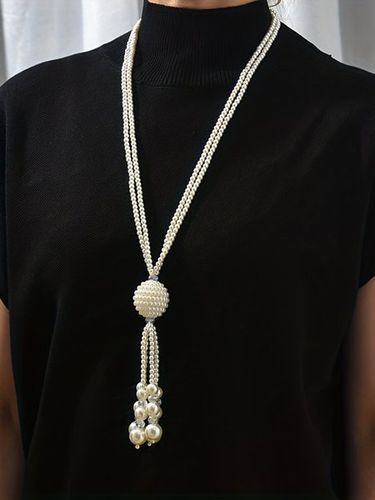 Elegant Imitation Pearl Tassel Sweater Chain Beaded Layered Necklaces - Just Fashion Now - Modalova