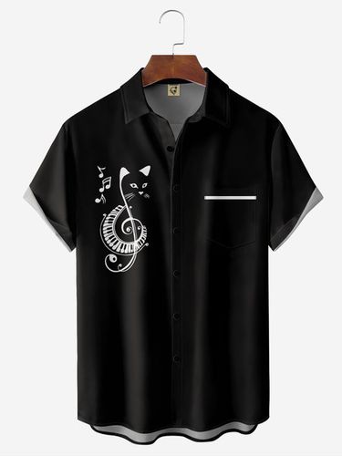 Music Cat Chest Pocket Short Sleeve Casual Shirt - Modetalente - Modalova