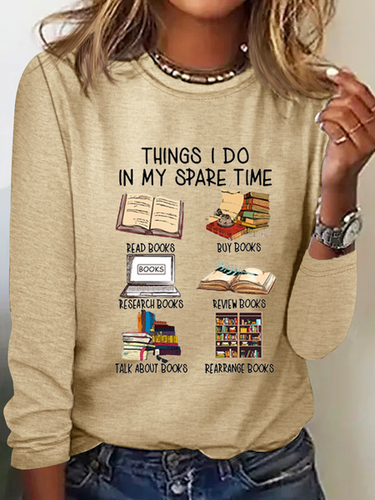 Women's Funny Book Lover Things I Do In My Spare Time Simple Crew Neck Text Letters Long Sleeve Shirt - Modetalente - Modalova