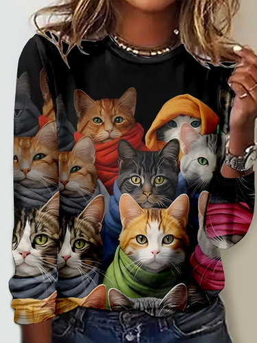 Casual Crew Neck Funny Cat Long Sleeve Shirt - Just Fashion Now - Modalova