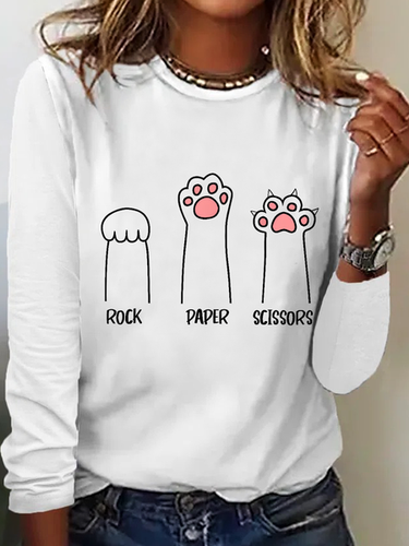 Rock Paper Scissors Hand Game Cute Paw Funny Cat Cotton-Blend Regular Fit Crew Neck Simple Long Sleeve Shirt - Modetalente - Modalova