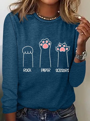 Rock Paper Scissors Hand Game Cute Paw Funny Cat Cotton-Blend Regular Fit Crew Neck Simple Long Sleeve Shirt - Modetalente - Modalova