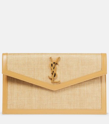 Uptown leather-trimmed raffia clutch - Saint Laurent - Modalova