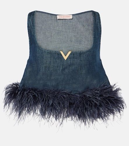 VGold feather-trimmed denim bra top - Valentino - Modalova