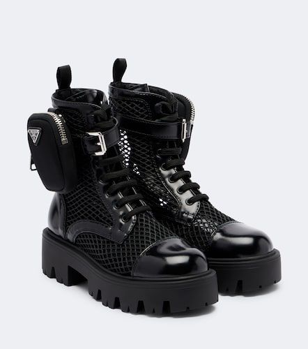 Leather-trimmed mesh combat boots - Prada - Modalova