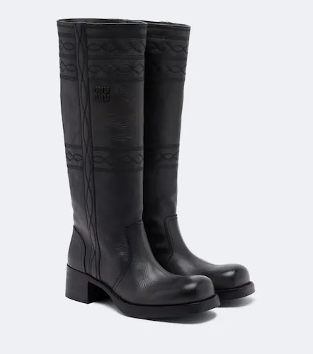Embroidered leather knee-high boots - Miu Miu - Modalova