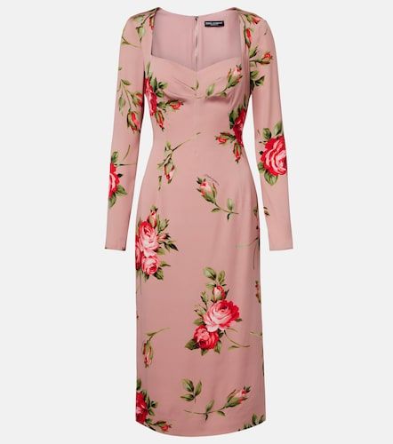 Abito midi in misto seta con stampa floreale - Dolce&Gabbana - Modalova