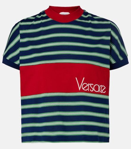 T-shirt in cotone a righe con ricamo logo - Versace - Modalova