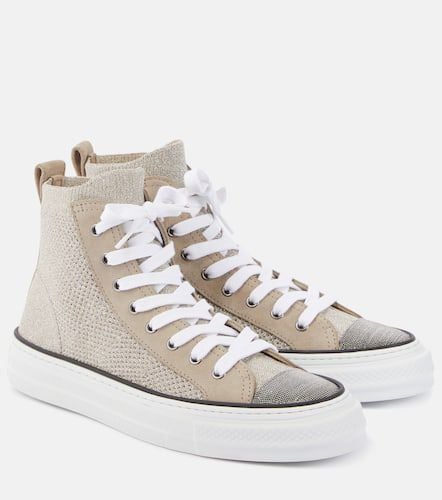 Leather-trimmed high-top sneakers - Brunello Cucinelli - Modalova