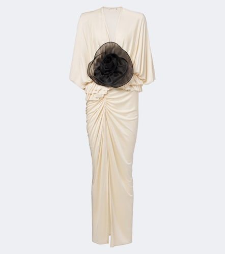 Floral-applique gathered satin maxi dress - Jacques Wei - Modalova