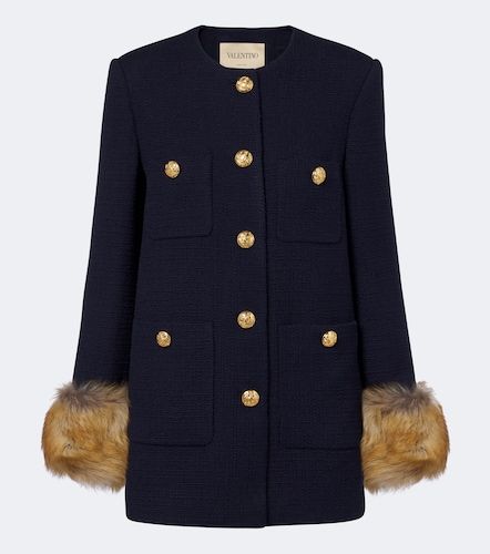 Shearling-trimmed wool-blend tweed jacket - Valentino - Modalova