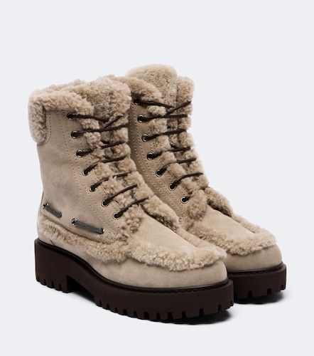 Stivaletti stringati in suede con shearling - Brunello Cucinelli - Modalova
