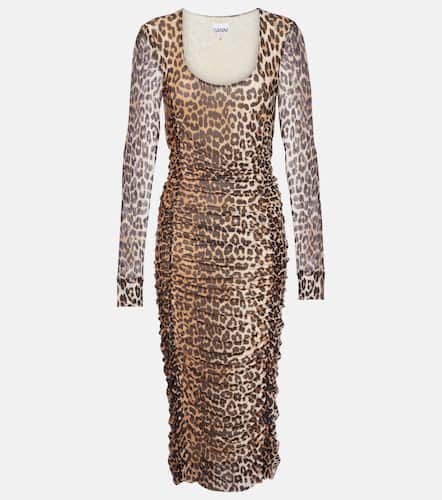 Leopard-print ruched mesh midi dress - Ganni - Modalova