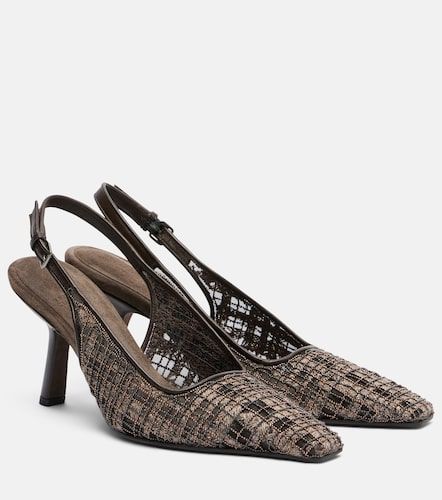 Beaded checked leather-trimmed slingback pumps - Brunello Cucinelli - Modalova