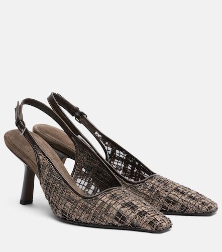 Beaded checked leather-trimmed slingback pumps - Brunello Cucinelli - Modalova