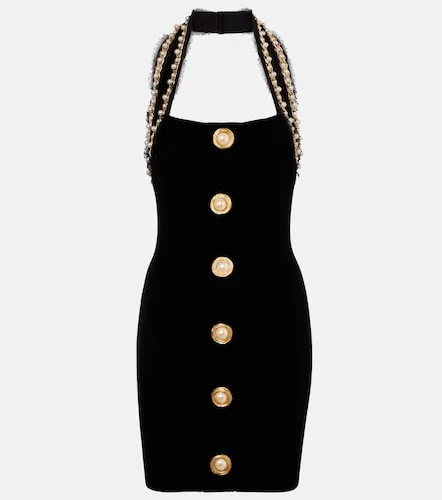 Vestido corto de terciopelo con perlas sintéticas - Balmain - Modalova