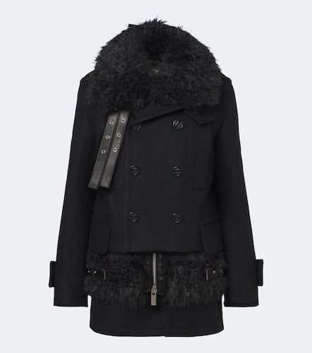 Layered leather-trimmed wool coat - Sacai - Modalova