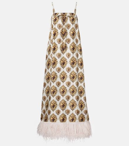 Abito lungo in seta con stampa e piume - Dolce&Gabbana - Modalova