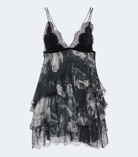 Vestido corto de seda estampado con encaje - Roberto Cavalli - Modalova