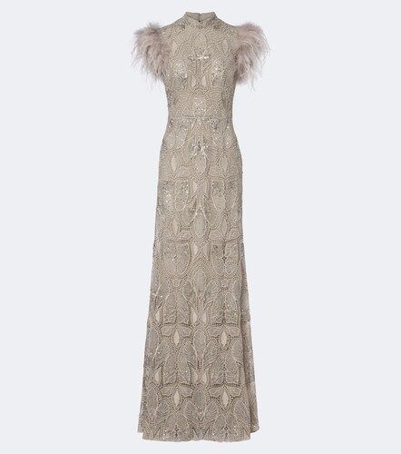 Abito lungo in pizzo guipure con paillettes e piume - Georges Hobeika - Modalova