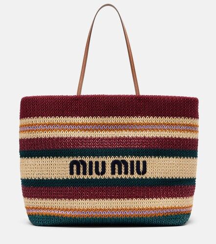Striped woven raffia-effect tote bag - Miu Miu - Modalova